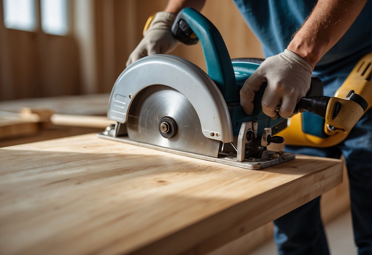 A person wearing safety goggles and gloves uses a circular saw to cut laminate flooring on a stable work surface