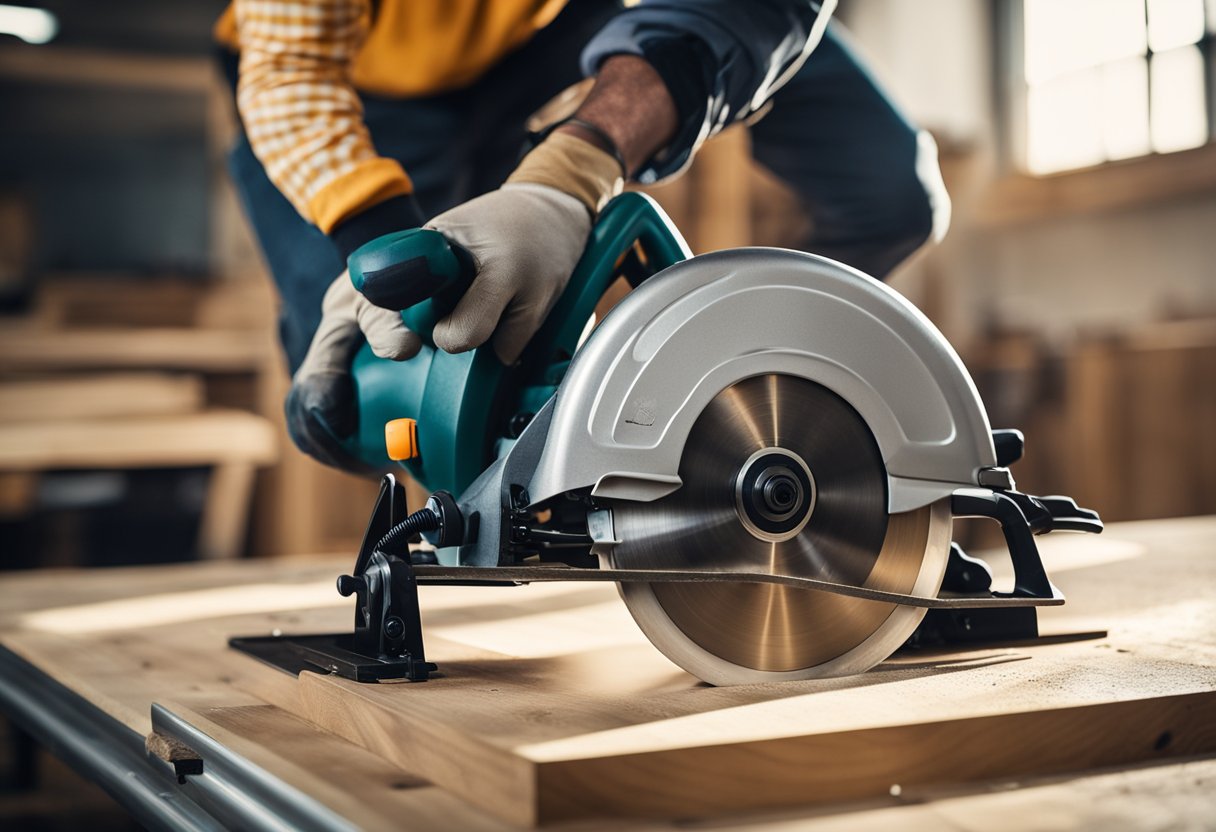 A person wearing goggles, gloves, and a dust mask cuts laminate flooring with a circular saw on a stable work surface