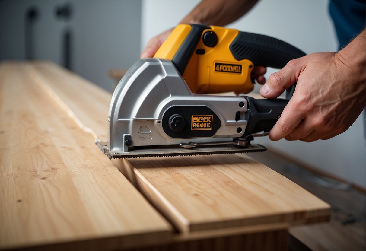 A hand saw and a jigsaw are best to cut laminate flooring. The saws are positioned on a flat surface with laminate flooring pieces nearby